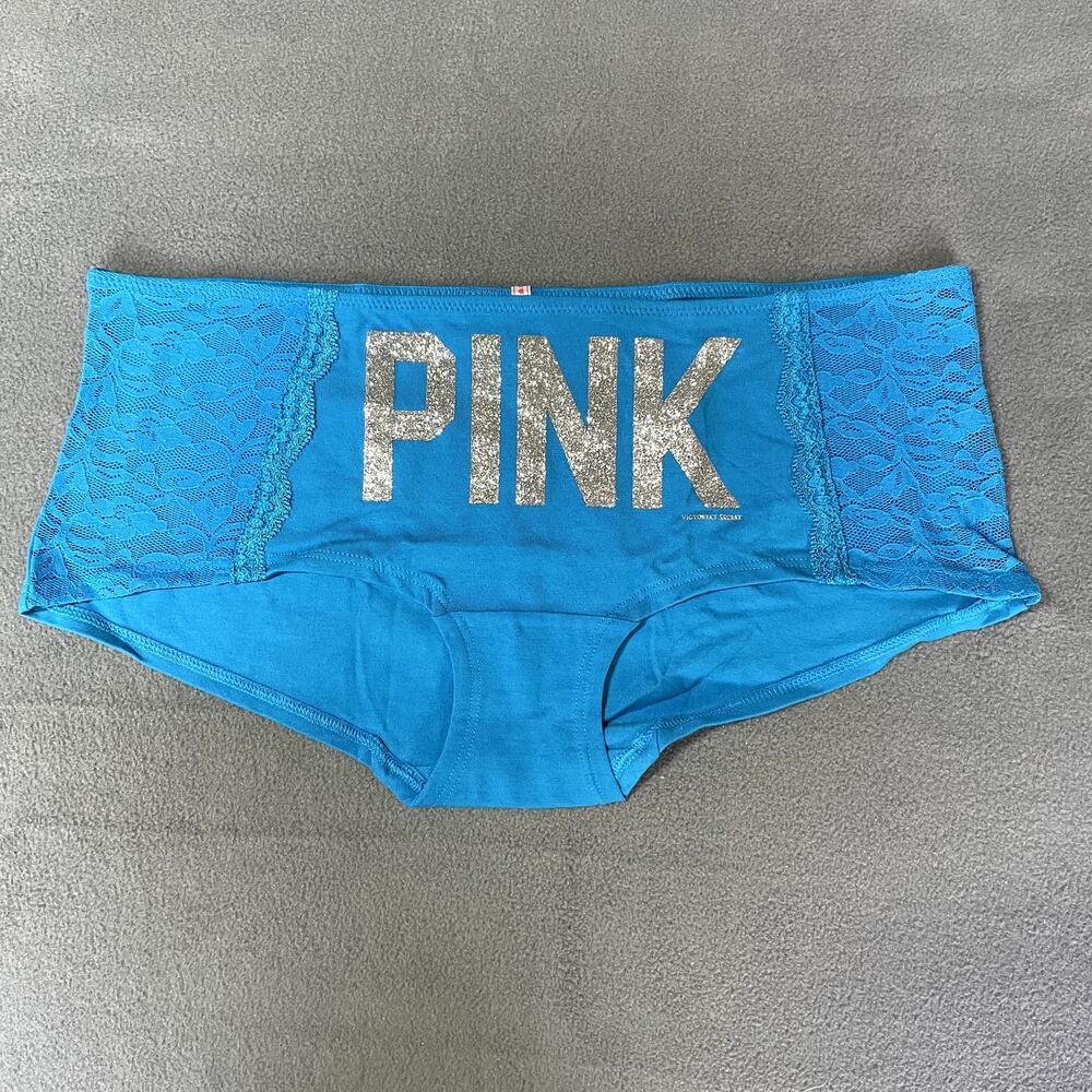 Victoria's Secret PINK 2011 Low Rise Boy Short Panty Medium Blue Glitter Graphic